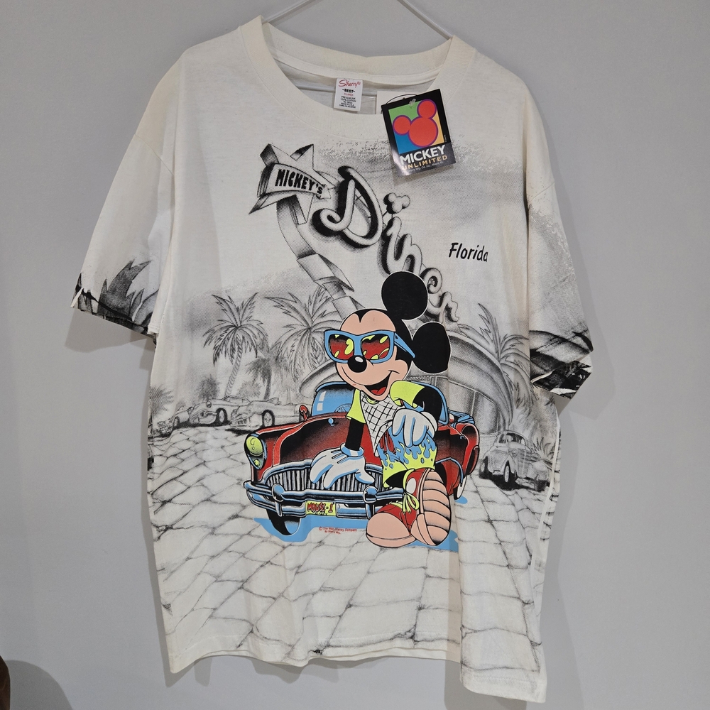 DISNEY MICKEY MOUSE VINTAGE DINER FLORIDA 90'S ALL OVER PRINT SHERRY'S Xl USA